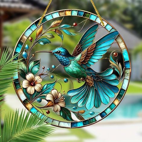 Attrape solaire en acrylique coloré, colibri et fleurs, décoration à suspendre pour fenêtre de 15 cm avec motif de vitrail imprimé, attrape-rêves, idée cadeau et décoration de jardin pour une (1/5)