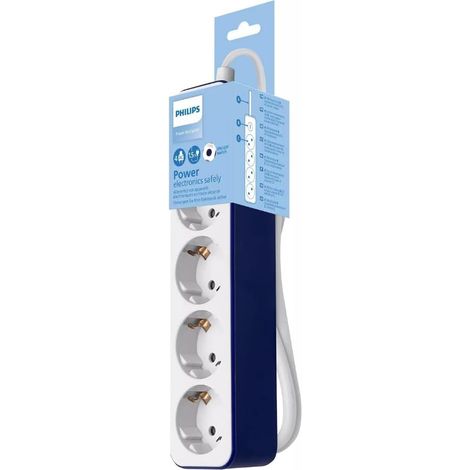 Multiprise 4 Prises, Blocage d'alimentation, 1 500 W, câble d'alimentation tressé de 1,5 m, Haute résistance, Fermeture de sécurité (indicateur LED Prot) - Blanc/Bleu (1/2)