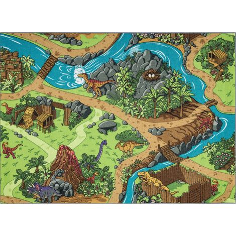 REBEL ROADS TEPPICH Dino World 29 Dinosaurier, rutschfest für Kinder - grau / grün multicolour 95x200 cm