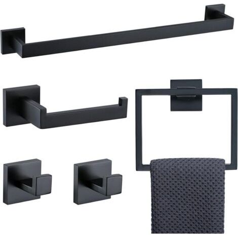 Ensemble Accessoires Salle de Bain 5 Pièces, Acier Inoxydable Noir Mat et Or Brossé, Porte-Serviettes Mural avec 2 Crochets