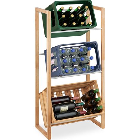 Relaxdays Scaffale Porta Casse Acqua, 112x58x32 cm, Scaffalatura 3 Cassette Bevande, Legno Naturale e Ferro, Argentato (1/5)
