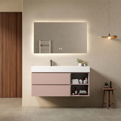 Mobile bagno sospeso 120 cm Rosa Retro Lavabo a Sinistra in Resina Specchio Quadro Retroilluminato - Fiji Paint Plus (1/4)