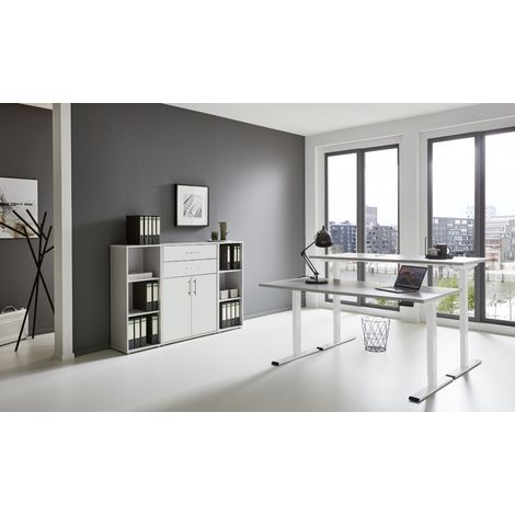 BMG Möbel Büromöbel-Set, e-Office Edition Set 13, Schreibtisch höhenverstellbar, 138 cm, grau/ weiß matt