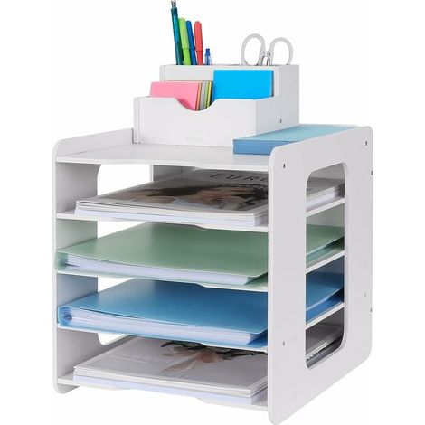 1 Plateau à courrier, Organiseur de bureau 5 niveaux, Porte-documents A4 en bois et plastique, pour maison école