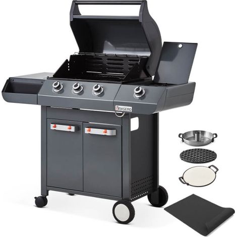BRASERO BY FAVEX - Barbecue gaz Emma 3 brûleurs + Side – 11,95 kW – Grille fonte FLEXIGRILL – Pack Switch Grid inclus (pizza, saisie, volaille) – Tapis 119 x 81 cm
