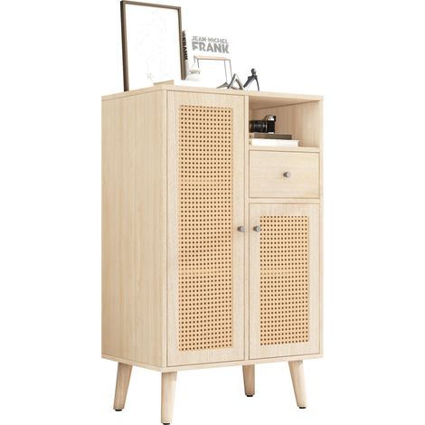 Buffet en bois clair avec 2 portes aspect rotin, 1 tiroir, meuble de rangement d’angle, grande capacité, pour salon et salle à manger, 60 x 40 x 101 cm CHICFURN (1/5)