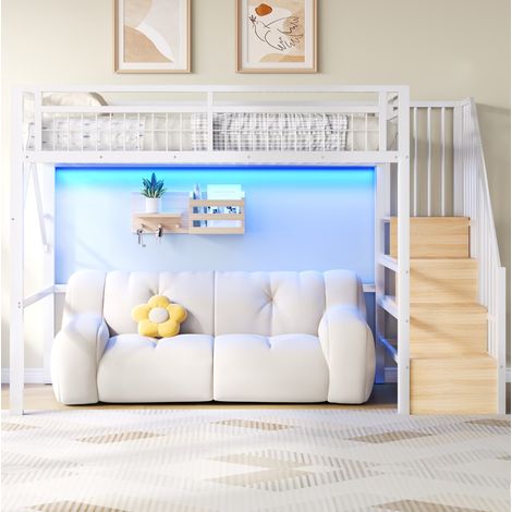 Lit enfant 90 x 200 cm avec LED et escalier de rangement blanc HAVRYA (1/5)