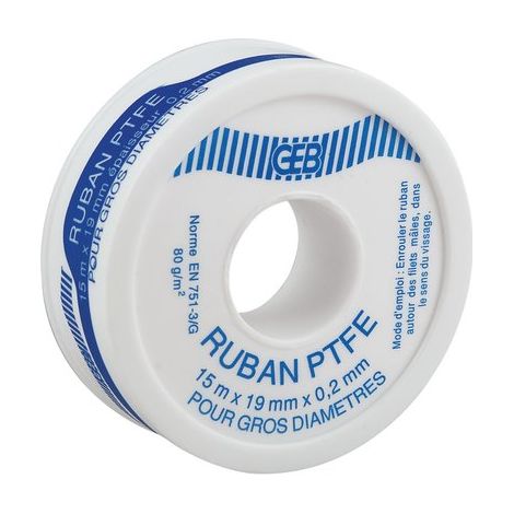 GEB – Rouleau téflon PTFE 19mm x 15m – Épaisseur 0,2mm – Étanchéité circuits d'eau potable – Convient pour raccords coniques/cylindriques