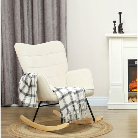 Schaukelstuhl beige mit Holz- und Stahlgestell, Samtoptik-Bezug, 71 x 98 x 101 cm (1/5)