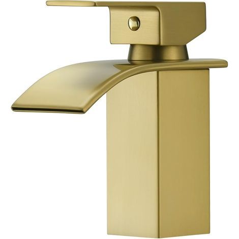 Bec Cascade Robinet Salle de Bains, Mitigeur Lavabo à Une Poignée, Robinet Lavabo RV, Acier Inoxydable, Finition Dorée Brossée (1/5)