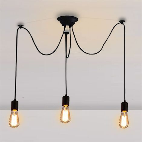 – Lustre araignée rétro noir E27 – Suspension ajustable 1,5m – 3 bras en métal pour ambiance industrielle – Ampoule non incluse (1/5)