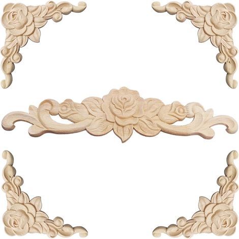 Moulure Decorative Bois 5 Pièces Sculpture Bois Moulure Décorative Bois Applique Moulure Rosace Decorative Floral Bois Sculpte Decal Sculpté d'angle Decoratif pour Décoration Meuble (1/5)