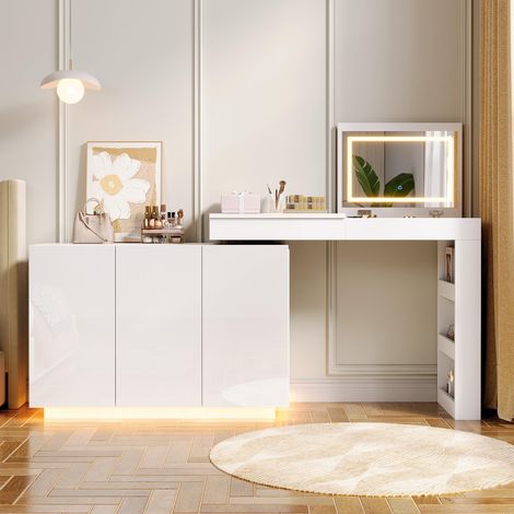 Coiffeuse pivotante en L 100x40x80 cm, miroir LED 3 teintes, 3 portes, niche latérale, bureau convertible, panneaux de particules, blanc brillant (1/5)