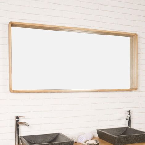 Wanda Collection – Miroir simple de salle de bain en teck 140 x 65 cm – Large cadre avec rebord pour rangement – Installation facile avec attaches