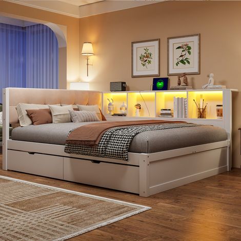 Lit de jour 140x200 cm, canapé lit simple sans matelas, avec tiroirs, bande lumineuse LED dimmable, étagère pratique et port USB, structure en bois de pin, couleur blanche (1/5)
