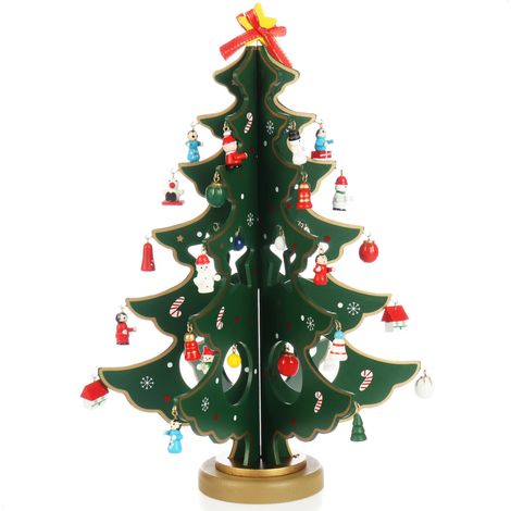 Mini sapin de Noël en bois - Décorations décoratives - Support avec ornements suspendus