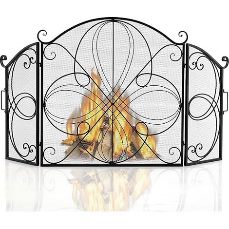 GOPLUS Pare Feu Cheminée Pliable 3 Panneaux en Fer, Écran de Cheminée Pare-Étincelles Pliable pour Décoration de Salon, Grille de Protection pour Cheminée Autoportante (Couronne, 151x83CM)