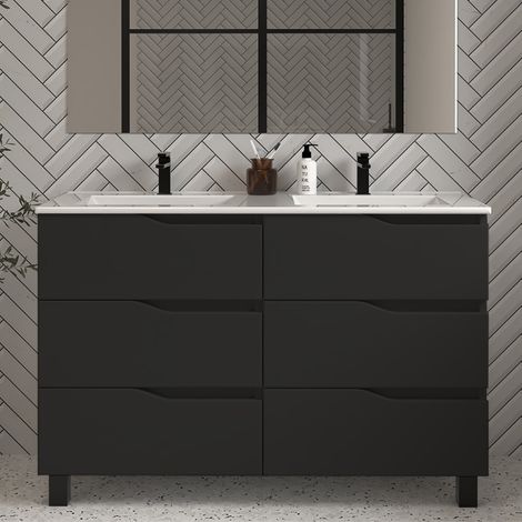 Meuble de salle de bain 120cm double vasque - 6 tiroirs - sans miroir - noir - MATA (1/3)