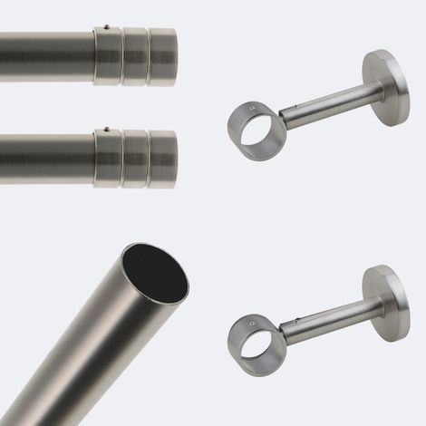 Kit de tringle à rideaux Nickel Mat 150cm Diam.28mm Embout Cylindre - Fixation Mur - Boulet (1/3)