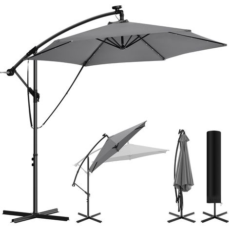 WOLTU Parasol Déporté, avec LED Solaire, Ф3m, Parasol de Jardin Extérieur, Hexagonal, Rotation à 360°, Gris
