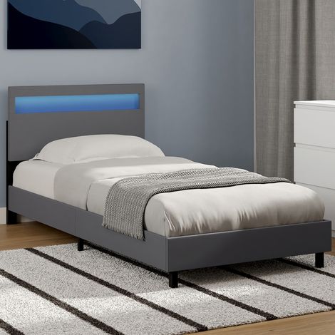 Cama individual NEO con cabecero LED integrado y somier 90 x 190 cm PVC gris