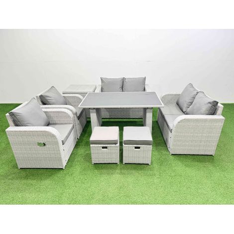 Fimous 8 Pieces Outdoor PE Rattan Sofa Reclining Chair Set Patio Garden Furniture Sets with Cushions Side Table 2 Small Stools Light Grey (1/4)