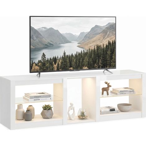 Meuble TV bas moderne blanc avec éclairage LED RGB, étagères en verre réglables, pour téléviseur jusqu’à 75 pouces (1/5)