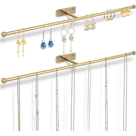 Porte-Bijoux Murale - Support pour Colliers 37 cm - Organisateur Polyvalent pour Boucles d'Oreilles Anneaux Bracelets Lunettes Bandeaux - Or - 2 Pièces (1/5)