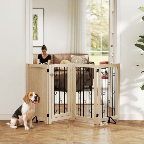 Barriera autoportante per animali a 4 pannelli con porta, MDF e acciaio, rovere (1/5)