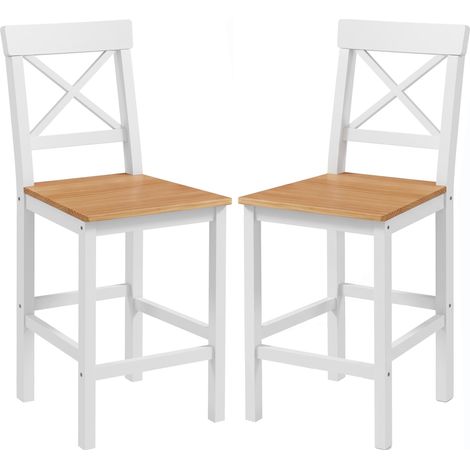 Ensemble de 2 tabourets de bar, tabourets de cuisine à dossier haut avec repose-pieds, en pin naturel et blanc. (1/4)