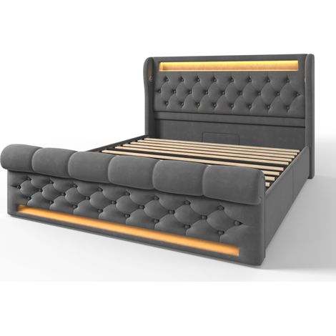 Letto matrimoniale capitonné 140x200 cm con LED, contenitore idraulico e porte USB-C, grigio (1/5)