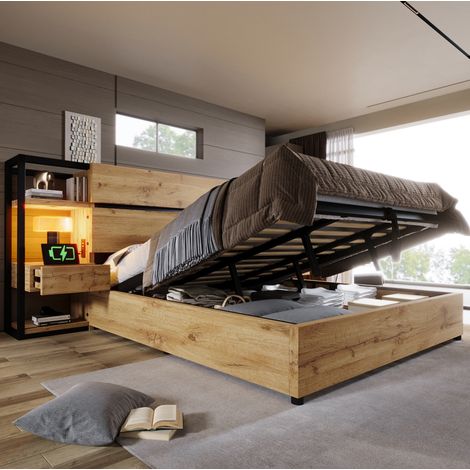 Lit double industriel MDF métal chêne 180x200 cm avec tête de lit rangement, 2 tiroirs, USB et coffre sous sommier (1/5)