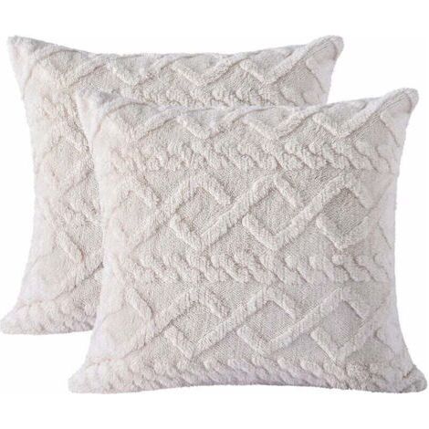 Lot de 2 Housses de Coussin 45x45 cm, Taies d'Oreiller Carrées en Peluche Crème Douce, Style Bohème Fausse Laine pour Canapé et Chambre