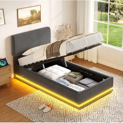 Lit avec rangement en tissu velours côtelé gris foncé 90x200 cm, LED intégrée, ports USB-C, sommier à lattes inclus (1/5)