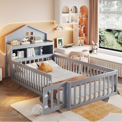 Cama infantil 90/200 cm gris de madera maciza con forma de casita y almacenaje (1/5)