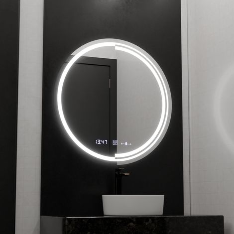 Miroir LED Rond 60cm Desembuage Horloge et Thermometre Gradable (1/5)