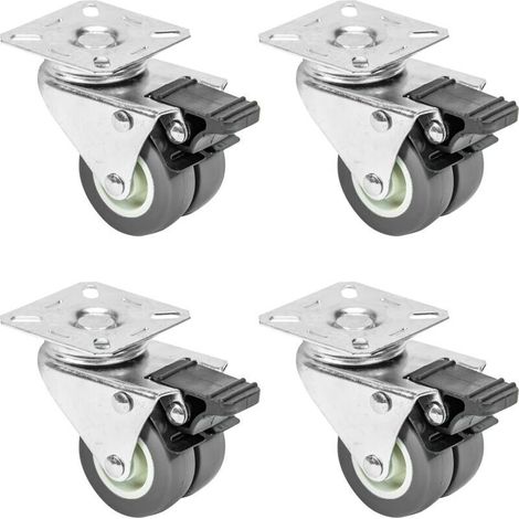 6720 Satz mit 4 Schwerlast-Doppelrollen mit Bremse, 50 mm Polyurethan, bis 400 kg, Grau-Crezuo