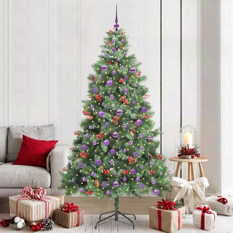 Sapin de Noël Artificiel Lumineux LED 8 Modes avec Boules PVC et Métal Vert 210 cm - PANGIVO (1/5)
