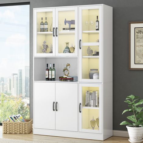 Libreria vetrina LED 120x40x200 cm in MDF bianco, 9 vani contenitore, ante in vetro (1/5)