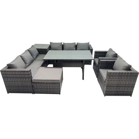 Fimous Outdoor Corner Sofa Chair Dining Table Set Garden Rattan Furniture Set 9 Seater with Side Table Big Stool Dark Grey (1/5)