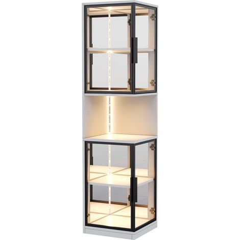 205 cm hohe LED-Vitrine in Weiß mit Doppeltüren aus Glas und Spiegelboden (1/5)