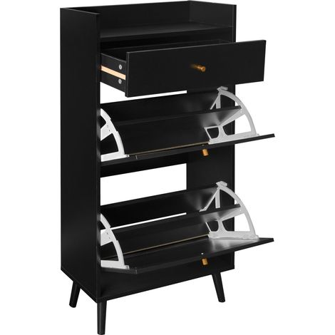 Meuble à chaussures à deux portes et un tiroir, noir, aspect rotin, portes demi-rondes interchangeables, double étagère, longueur 60 cm, sans panneau arrière, adapté aux couloirs et espaces similaires (1/5)
