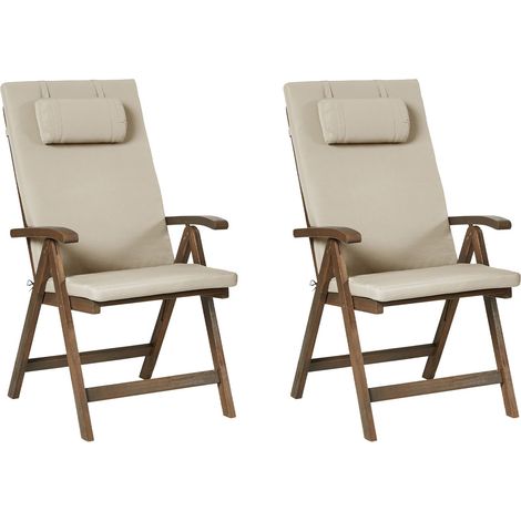 Set di 2 sedie da giardino rustiche in legno d'acacia naturale e cuscini tortora Amantea Premium