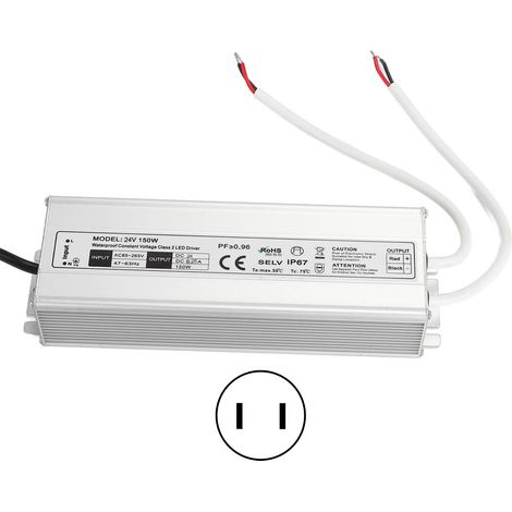 Alimentation étanche IP67 pour bande LED, transformateur 150W tension constante 24V 6.25A, adaptateur secteur AC85-265V avec prise US, driver extérieur. (1/5)