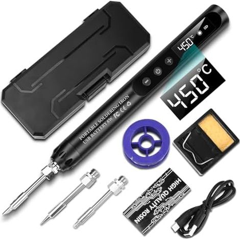 Fer à souder rechargeable par USB avec écran LCD, kit de fer à souder sans fil, noyau chauffant en céramique, température réglable 200-450 °C, avec 3 pointes à souder - noir (1/5)