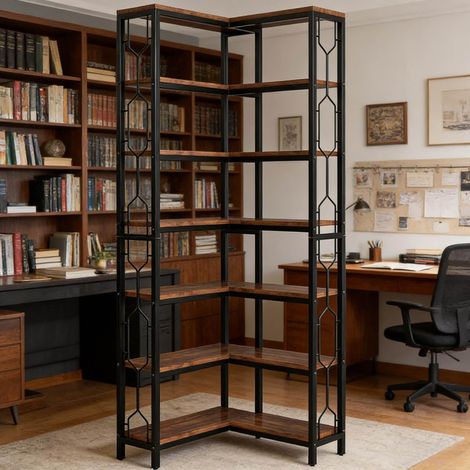 MEUBLIV Bibliothèque d’angle industrielle noire et décor bois, étagère haute 7 niveaux (1/5)