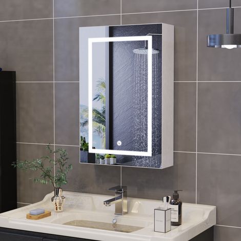 Armoire de salle de bain avec LED miroir, 3 étagères ouverts 1 porte miroir, Meuble Mural Salle de Bain Armoire, Blanc