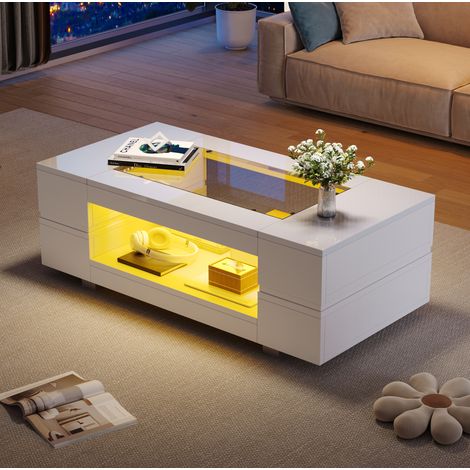 Mesa de centro LED 100x50x35 cm de madera blanca con almacenaje para salón FLORAGRACE (1/5)