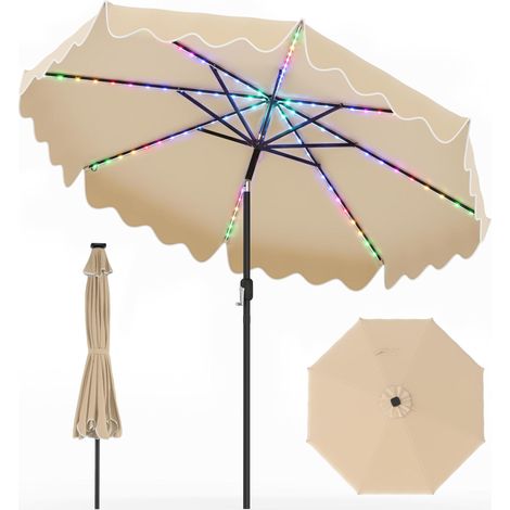 COSTWAY Ombrellone Reclinabile Giardino 280 Cm Spiaggia Luci Led Antivento Balcone Piscina Terrazzo Esterno Resistente Vento Robusto Elegante Frange Manovella (1/5)