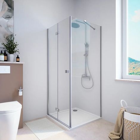 Cabine de douche 70x90 cm avec ouverture à livre côté gauche et paroi fixe profilés chromés et verre transparent 8 mm h195 Fiji (1/3)